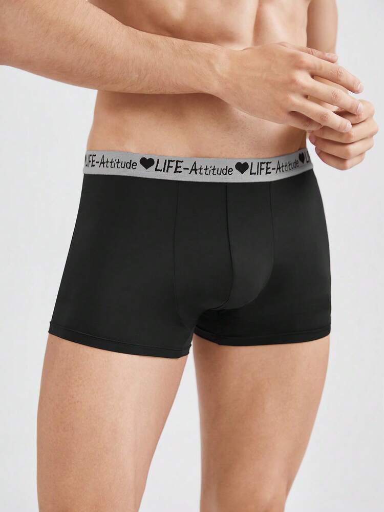 3 件装 男士纯色拼布字母印花简约休闲平角内裤 - 黑色 - 查看 5