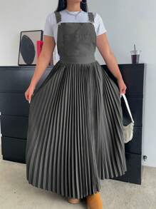 Flirla 1 件女式纯色褶皱吊带连衣裙，韩版简约宽松带口袋，适合夏秋季 - 淺灰色 - 查看 4