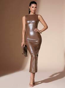 SHEIN BAE Women Sleeveless Fitted Long Dress - Brown - View 3
