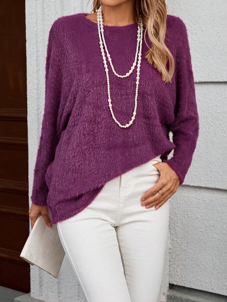 Damen Rundhals einfarbiges flauschiges Lässig Langarm T-Shirt
