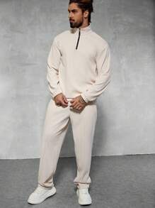 Manfinity Homme 2pcs Men Casual Everyday Zip-Up Loose Sweatshirt And Pants Set, For Autumn,Men Tracksuit,Men Two Pieces Outfits, Men Two Pieces Sweatsuit, Men 2 Pieces Outfit Set, Cream Two Pieces Set Men, Men Casual Two Pieces Set - Beige - View 7