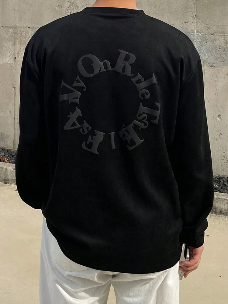 1pc Men's Casual Letter Print Round Neck Long Sleeve T-Shirt, Black, Autumn,Graphic Tees