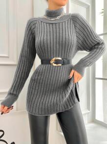 EURMUSE Women Solid Color Turtleneck Ribbed Casual Pullover Sweater - Light Grey - View 3