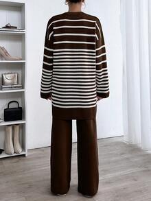 EURMUSE Woman Striped Crew Neck Casual Comfy Warm Sweater Pants Co-Ords - Brown - View 2