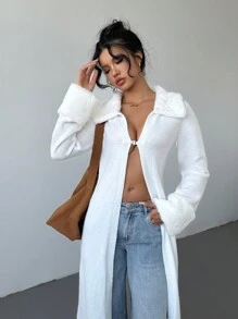 Aloruh Ladies' Long Cardigan With Plush Fabric Patchwork Design, Autumn/Winter New Arrival - White - View 1