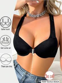 Women Simple Solid Color Adjustable Strap Front-Closure Casual Sexy Bra - Black - View 5