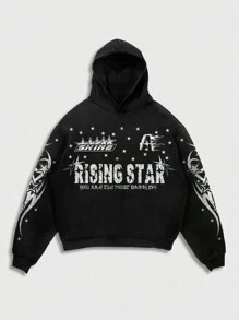 ROMWE MEN Street Life 2 件套男士街头图案运动衫和运动裤运动服，适合日常休闲穿着 - 黑色 - 查看 2