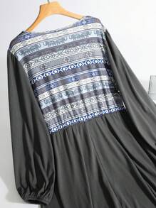 Al Najma Plus Size Vintage Geometric Print Patchwork Casual Dress, Autumn - Dark Grey - View 2