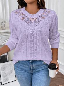 Vionelle Plus Size Solid Color Lace Patchwork Sweater, Casual Autumn/Winter Knit Pullover Fall - Purple - View 1