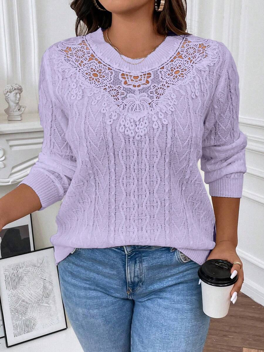 Vionelle Plus Size Solid Color Lace Patchwork Sweater, Casual Autumn/Winter Knit Pullover Fall - Purple - View 1