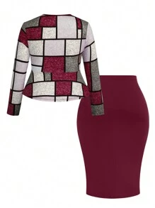 Maweii Plus Size 2pcs Set: Elegant Color Block Plaid Print Top And Solid Color Skirt, For Autumn Fall Cloth For Women - Burgundy - View 2