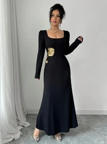 Modelyn 女士优雅针织方领修身刺绣紧身长袖连衣裙超长女士装长款晚礼服 - 黑色 - 查看 4