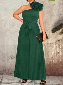 Celure 大码女式优雅纯色褶皱花卉装饰不对称肩带环连体裤，时尚设计