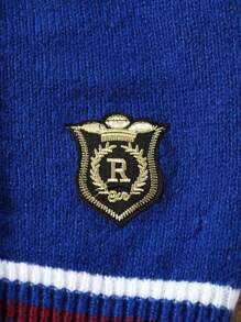 SHEIN Young Boy V-Neck Cable Cable & Letter Applique Button Front Long Sleeve Cardigan - Royal Blue - View 6