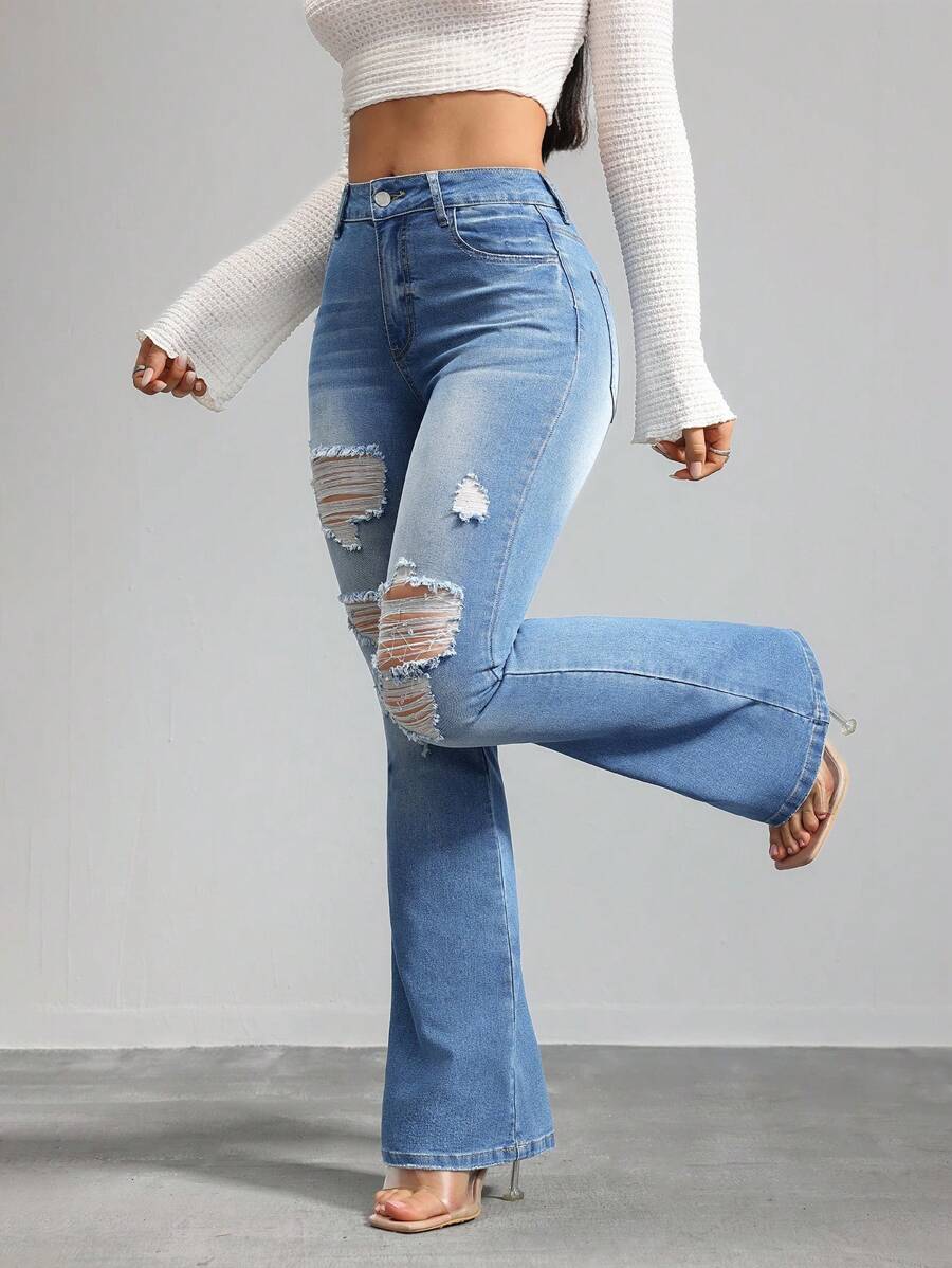 SHEIN Tall 女式牛仔裤紧身弹力破洞喇叭裤蓝色高腰紧身喇叭裤牛仔裤女式紧身裤牛仔布喇叭裤紧身裤喇叭裤高腰女裤，秋季女装 - 中等水洗藍 - 查看 1
