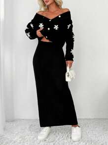 EURMUSE Floral Pattern Drop Shoulder Cardigan & Knit Skirt - Black - View 1