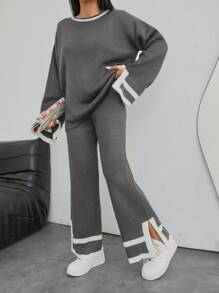 EURMUSE 1pc Contrast Trim Drop Shoulder Sweater & 1pc Knit Pants - Dark Grey - View 3
