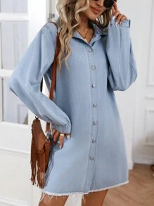 SHEIN LUNE Casual Washed Front Button Denim Dress, Autumn - Light Wash - View 6