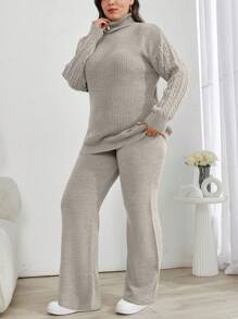 EURMUSE Plus Size Turtleneck Drop Shoulder Sleeve Sweater And Pants Set, For Winter - Mocha Brown - View 4
