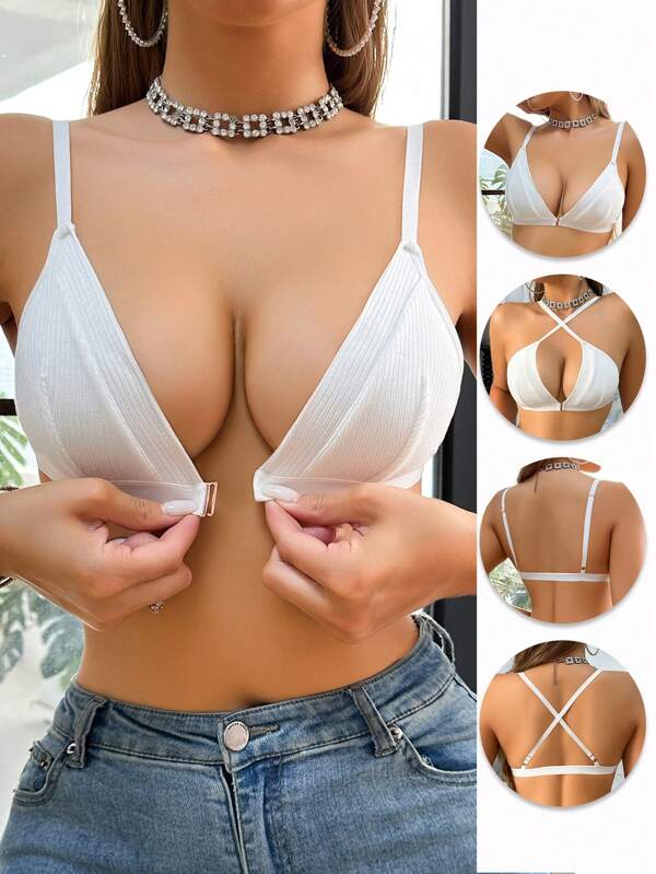 Sujetador inalámbrico de copas triangulares con cierre delantero elegante, de costilla sólida, para mujer, en color blanco