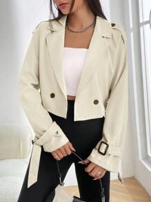 Muchica Women's Solid Color Double-Breasted Elegant Long Sleeve Trench Coat - Beige - View 3