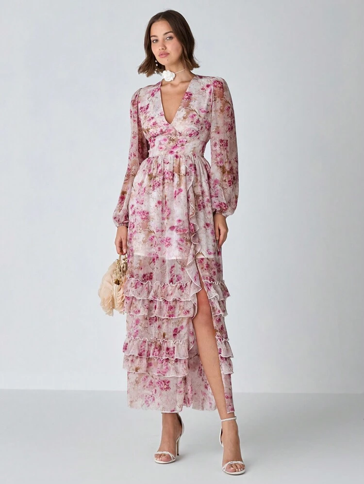 Vestido Casual Feminino de Manga Longa com Decote em V, Plissado e Estampado Floral Completo