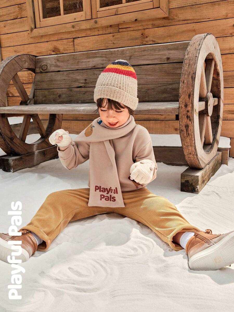 SHEIN Bộ đồ ấm áp dài tay in họa tiết hoạt hình dễ thương cho bé trai và quần ống đứng lót lông, thời trang cho mùa thu/đông - Nhiều màu - Xem 1