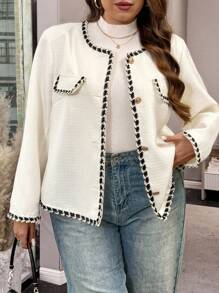 Flirla 大码优雅简约拼色修边夹克，秋季 - 杏色 - 查看 3