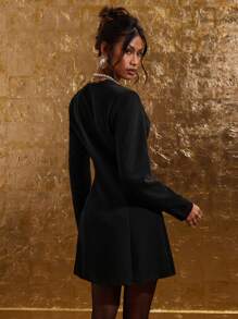 COSMINA Women Elegant Color Blocking Lace Patchwork Double-Breasted Mini Dress, Autumn - Black and White - View 2