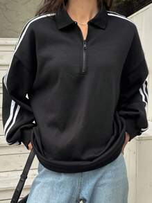 DAZY 女式马球领半襟休闲运动风格撞色拼接宽松运动衫 - 黑色 - 查看 8