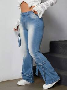 SHEIN ICON 大码休闲水洗蝴蝶装饰喇叭牛仔裤