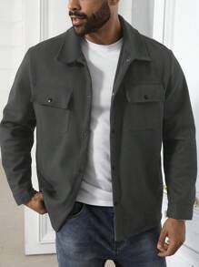 Manfinity Homme Plus Size Men's Solid Color Long Sleeve Single-Breasted Utility Pocket Jacket, Autumn/Winter - Dark Grey - View 5