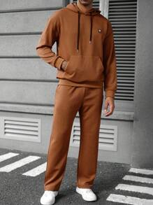 Manfinity Homme 2pcs Men Solid Color Applique Hooded Sweatshirt With Kangaroo Pocket & Drawstring Sweatpants Casual Suit