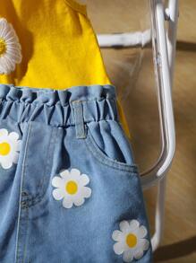SHEIN 2pcs/Set Baby Girls Casual Daisy Flower Embroidery Camisole Top & Mini Skirt Set, Fashionable Street Style, Suitable For Outings, Spring & Summer - Yellow - View 5