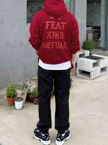 DAZY Men's Letter Print Long Sleeve Drawstring Hoodie Sweatshirt, Autumn - Red - View 5