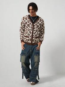 ROMWE MEN Street Life Men's V-Neck Long Sleeve Loose Knitted Cardigan With Leopard Pattern, Fall & Winter - Brown - View 2