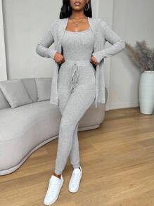 Zolique Bộ 3 áo ba lỗ cổ lọ dệt kim màu trơn thời trang xuân/thu cho nữ và quần - Xám - Xem 6