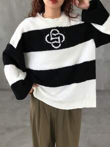 FRIFUL 女士秋冬撞色圆领落肩长袖休闲针织毛衣