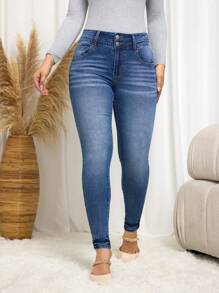 SHEIN Essnce Casual Washed Skinny Jeans, Autumn/Winter - Medium Wash - View 4