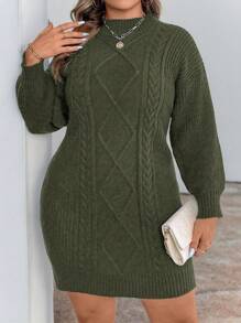 Elenzga Plus Size Solid Color Fitted Sweater Dress, Casual, Autumn/Winter Fall Cloth For Women - Army Green - View 8