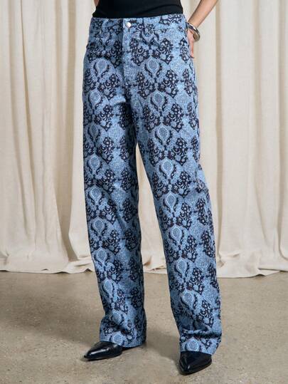 AiiRZ 波西米亚风全幅佩斯利印花宽松直筒牛仔裤