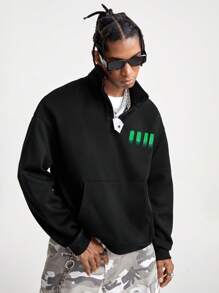 Manfinity NXTstreet Sudadera casual de cuello alto con estampado de letras para hombre, otoño/invierno - Negro - Ver 3