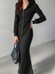 FRIFUL 1件装 女士前拉链长袖简约中长款休闲连衣裙，秋季连帽连衣裙 - 黑色 - 查看 6