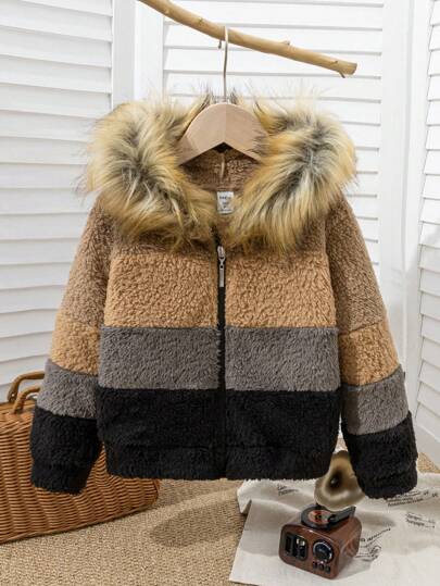SHEIN Young Girl Casual Reversible Polar Fleece Color Block Hooded Zipper Jacket