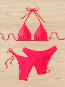 Swim Basics 2025 Summer Beach 3pcs/Set Women Solid Color Halter Backless Tied Crop Top + Knotted Tri-Strap Triangle Bikini Bottom - Red - View 3