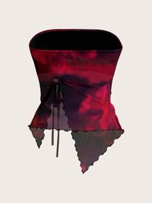 SHEIN ICON Fashionable Tie-Dye Print Mesh Drawstring Asymmetric Hem Red Tube Top - Multicolor - View 2