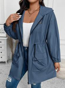 SHEIN LUNE Abrigo con capucha de unicolor y cordón en la cintura, ropa de mujer de otoño, Año Nuevo, invierno y fiestas para mujer de talla grande - Neblina azul - Ver 4