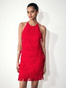 Maija Women's Red Solid Color Halter Backless Tassel Sexy Party Dress, Elegant For Christmas, Holiday Party, Festival - Red - View 1