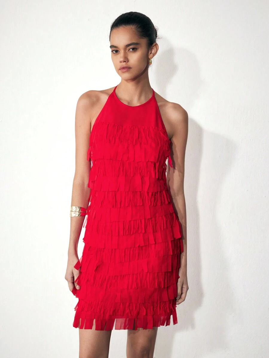 Maija Women's Red Solid Color Halter Backless Tassel Sexy Party Dress, Elegant For Christmas, Holiday Party, Festival - Red - View 1