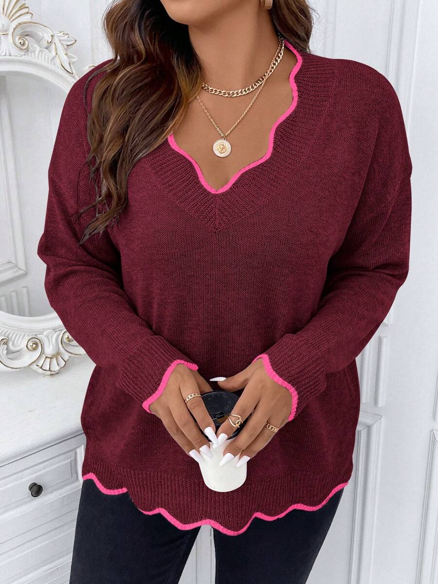 Calvaya Áo len viền sò khối màu cỡ lớn thường ngày, thu/đông - Màu Đỏ Sâu - Xem 1